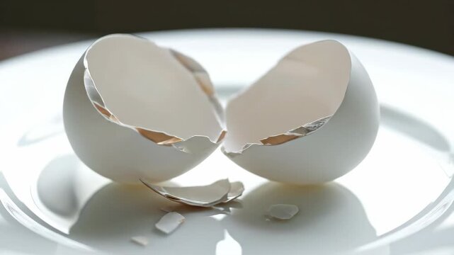 An open eggshell shows its light and shadow, highlighting its smooth surface, revealing the inner layer