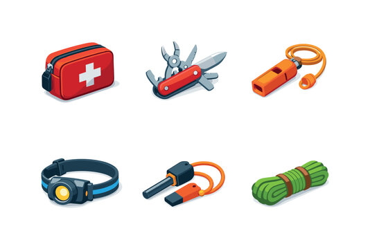 Isometric Survival Kit Icons. Survival Kit. Isometric flat vector icons set of survival kit: first aid kit pouch, multi-tool knife, emergency whistle, headlamp