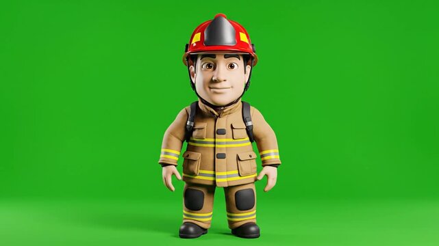 Cartoon firefighter character in various poses with vibrant green background