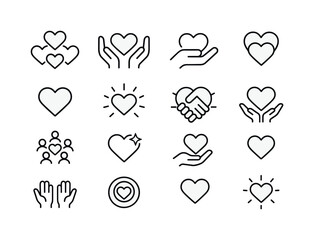 Heart Icon Set. Heart community. Line icon set of Heart community: group of hearts, shared hands, caring icon, supportive gesture, intertwined hearts, heart