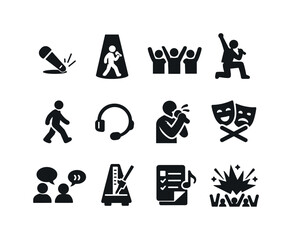 Live Performance Icons. Live performance dynamics. Solid icon set of Live performance dynamics: mic drop icon, vocal spotlight, front-row energy, dramatic
