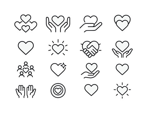 Heart Icon Set. Heart community. Line icon set of Heart community: group of hearts, shared hands, caring icon, supportive gesture, intertwined hearts, heart