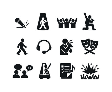 Live Performance Icons. Live performance dynamics. Solid icon set of Live performance dynamics: mic drop icon, vocal spotlight, front-row energy, dramatic