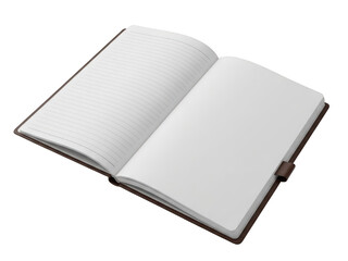 Open brown notebook with lined and blank pages, ideal for note-taking and journaling isolated on transparent background