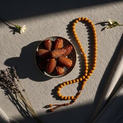 Buddhist prayer beads and bowl of stones on fabric surface