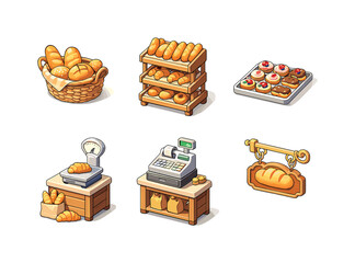 Bakery Icon Set. Bakery display. Isometric flat vector icons set of bakery display: bread basket, display shelf, pastry tray, counter with scales, cash