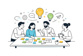 Diverse Innovation Session. Innovation workshop session. A diverse team gathered around a table covered with sticky notes and sketches. Active ideation and