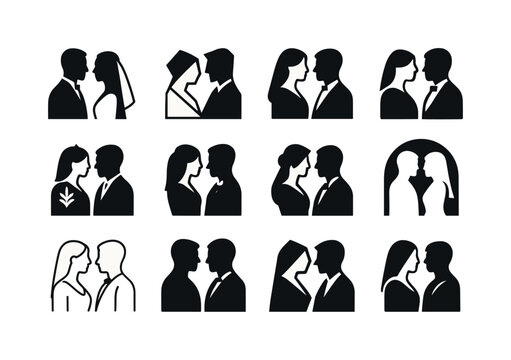 Wedding Logo Variations. Wedding. Icon set. Set Logo of wedding: bride and groom silhouette. harmonious logo variations of the same emblematic concept, each