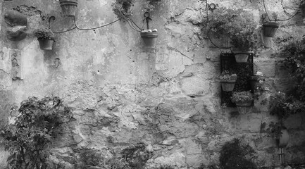 Hanging Flower Pots Stone Wall Vertical. Black White Rustic Texture Background