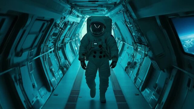 An astronaut walks through a corridor of a space station with ambient lighting while Earth appears through the window in the background