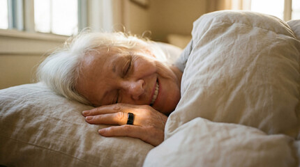 Older woman sleeping on pillow in warm morning light, hand visible with black smart ring. Sleep tracking, recovery, digital health and gentle wellness themes.