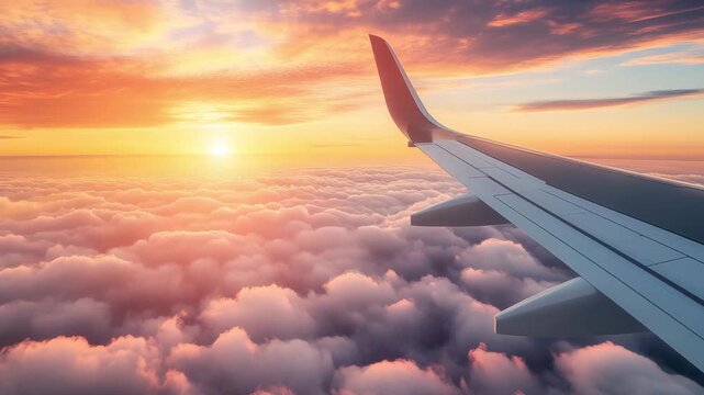 Clouds stretch below the airplane wing at high altitude during evening flight as sunset glow fills the sky. Aircraft, travel concept