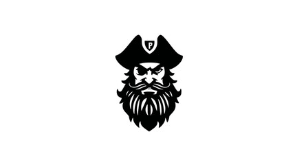 A stern black and white illustration of a pirate wearing a hat and sporting a long beard