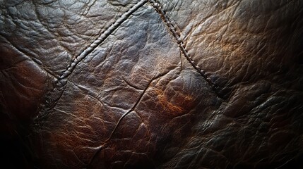 Luxurious Deep Brown Bovine Leather with Authentic Fine Texture, Vintage Pattern Seam Design Sample