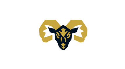 A vector illustration depicts a ram's head with stylized horns on a clean, white background
