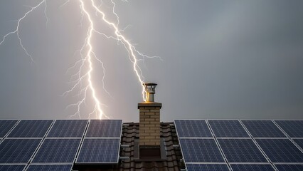 Lightning striking near a rooftop with solar panels and a brick chimney under stormy sky