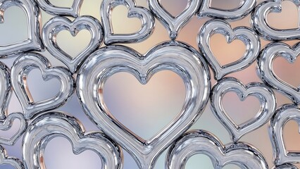 A shimmering background of overlapping metallic hearts with soft pastel hues
