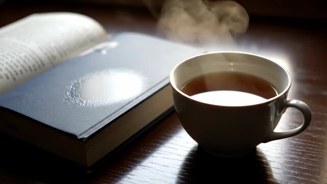 A cup of tea beside an open book, soft lighting creates a cozy scene on a wooden table. Steam rises from warm tea, evoking comfort
