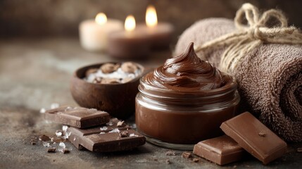 Chocolate Spa Self Care Still Life with Candles and Towel for Valentine&rsquo;s Day