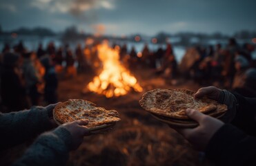 Hands sharing pancakes near outdoor bonfire festival