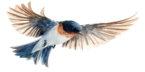 Obraz premium Graceful swallow painted in soft watercolor style, flying with spread wings, isolated on transparent background, perfect for spring cards and botanical design projects.