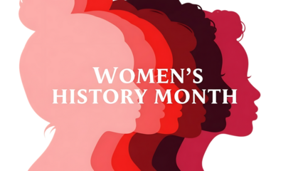 Womens history month logo with silhouettes of diverse women isolated on transparent background