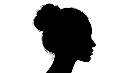 Black silhouette of a womans head in profile with hair in a bun on transparent background