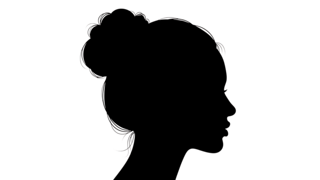 Black silhouette of a womans head in profile with hair in a bun on transparent background - Powered by Adobe