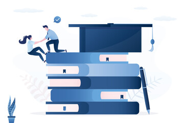 Male teacher helping woman climb on book stack. Education concept. Helping each other to succeed together. Knowledge source book. Mentorship, skills development. Book festival.