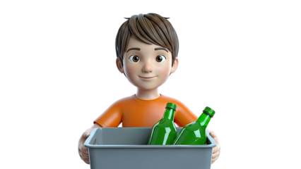 Cartoon boy holding a recycling bin with green bottles