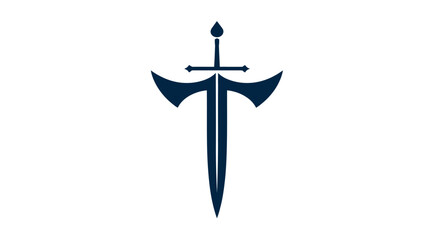 A dark blue sword and axe design on a white backdrop, vertical, with simple lines