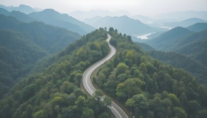 Aerial view of road in the middle of forest.Road curve construction up to mountain.Healthy environment concept and rainforest ecosystem.     




