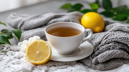 A cup of mint tea sits on a wooden table next to a lemon and ginger, with mint leaves adding flavor and aroma to the scene