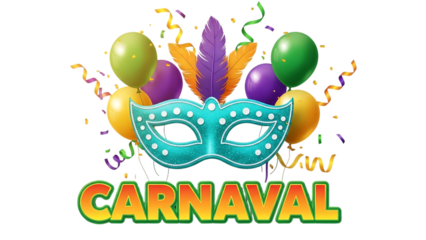 Colorful carnival mask with balloons and confetti on transparent background