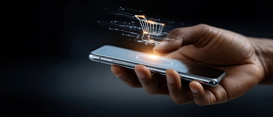 A hand taps a smartphone screen, activating an online shopping cart symbol against a dark background