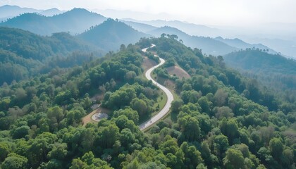 Aerial view of road in the middle of forest.Road curve construction up to mountain.Healthy environment concept and rainforest ecosystem.     




