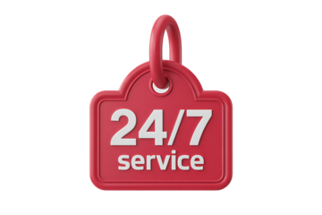 Red 3D Tag with 24/7 Service Text and Loop around the clock always open