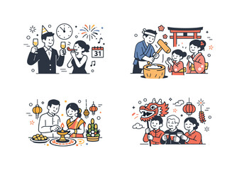 Global New Year Celebration. New Year traditions by culture. People celebrating New Year in different cultural settings, sharing symbolic rituals and festive