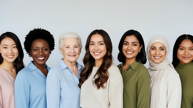 Diverse group of women of different ages and ethnicities standing together smiling, representing unity, friendship and multicultural community in studio portrait.