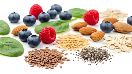Superfood ingredients with fresh berries, nuts, seeds and leafy greens arranged on white background for healthy nutrition and wellness concepts.