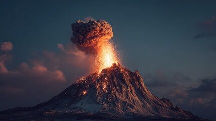 Eruption of volcano sends ash and smoke high into the sky during sunset over a calm ocean