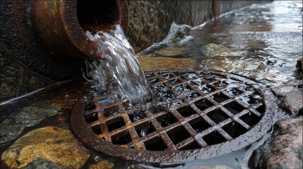 Water flows from a drain into a puddle on a stone path during a rainy day