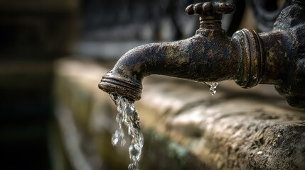 Water flows from an old faucet in a stone wall during the day in a public area with greenery around
