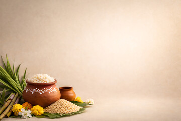 Pongal harvest festival inspired background, clay pots, rice grains, flowers placed subtly at bottom, neutral background gradient, large blank copy space