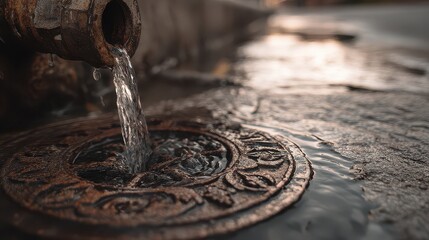 Water flows from a metal pipe into a puddle on a street near a manhole cover during the late afternoon sun near a city park