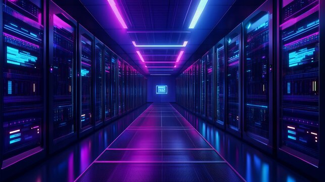 A futuristic server room with rows of computer servers and vibrant purple and blue neon lights illuminating the dark space. - Powered by Adobe