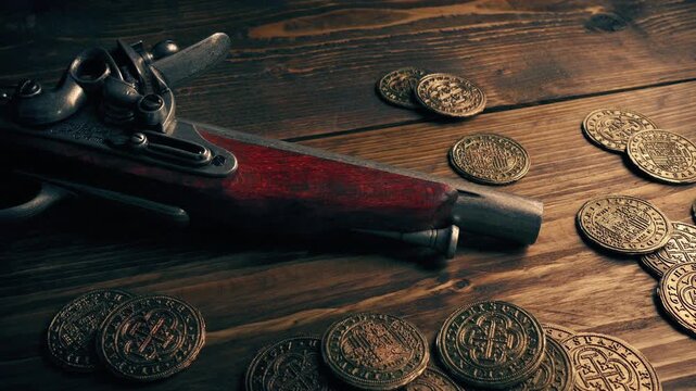 Highwayman Gun With Gold Coins On Table