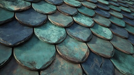 Close view of a textured roof covered in scalloped tiles showing various shades of blue and green patina from weathering over time