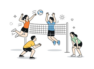 Fun Volleyball Match. People playing volleyball for fun. Simple editorial scene highlighting movement, balance and social connection through sport. Minimalist
