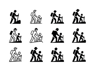 Family Hiking Logos. family hiking together. Icon set. Set Logo of family hiking together: parent guiding child uphill. harmonious logo variations of the same